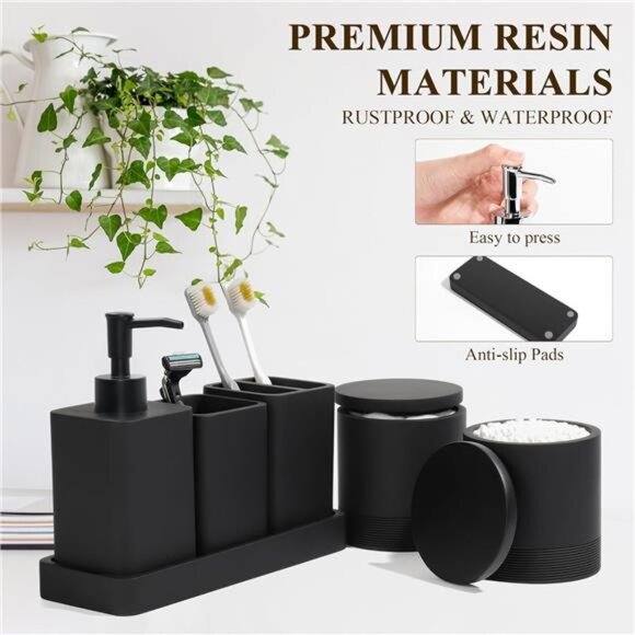 Matte Black Bathroom Accessories Set 6 Piece Soap Dispenser Toothbrush Holder - Picture 6 of 8